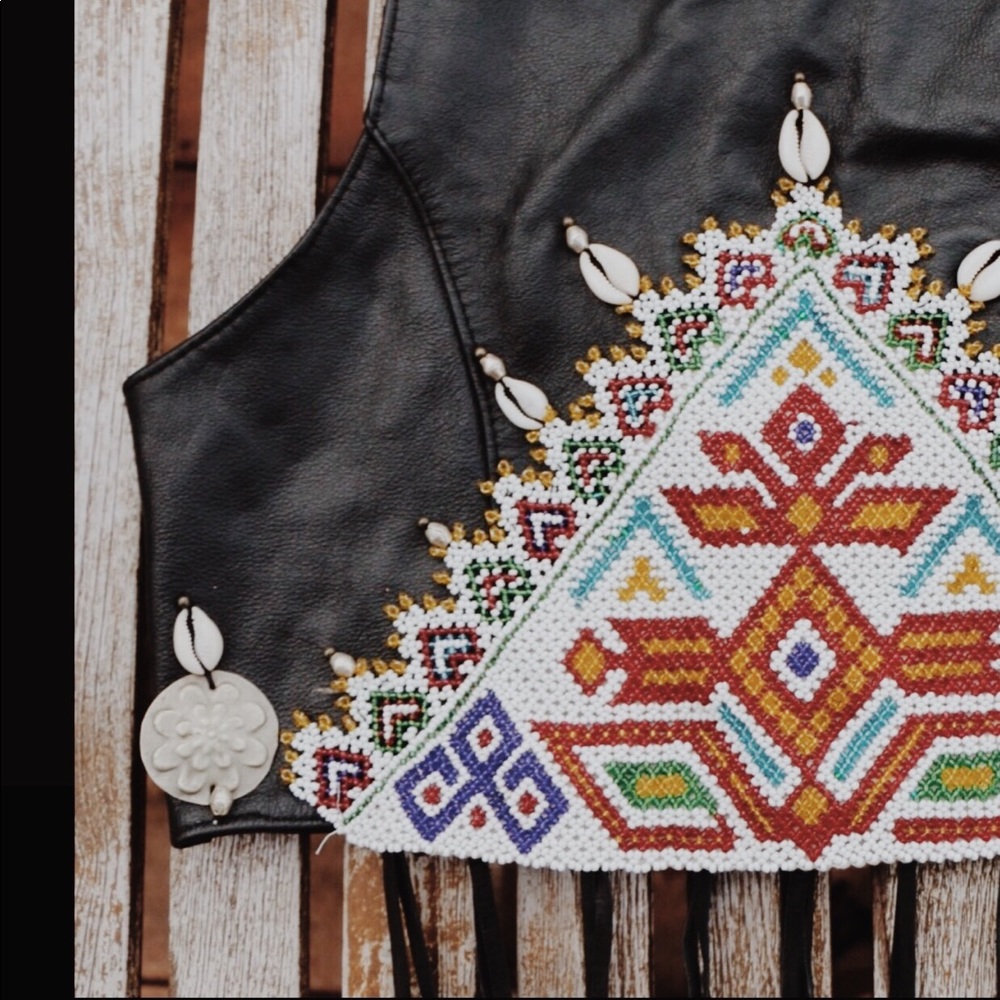 Upcycled leather vest kuchi embellishments fringe